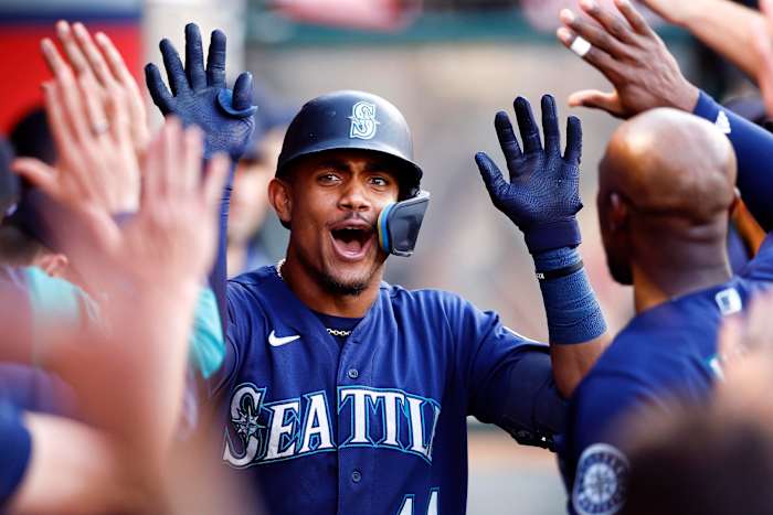 ANAHEIM, CALIFORNIA - JUNE 25: Julio Rodriguez #44 of the Seattle Mariners celebrates a home run against the Los Angeles Angels in the first inning at Angel Stadium of Anaheim on June 25, 2022 in Anaheim, California.